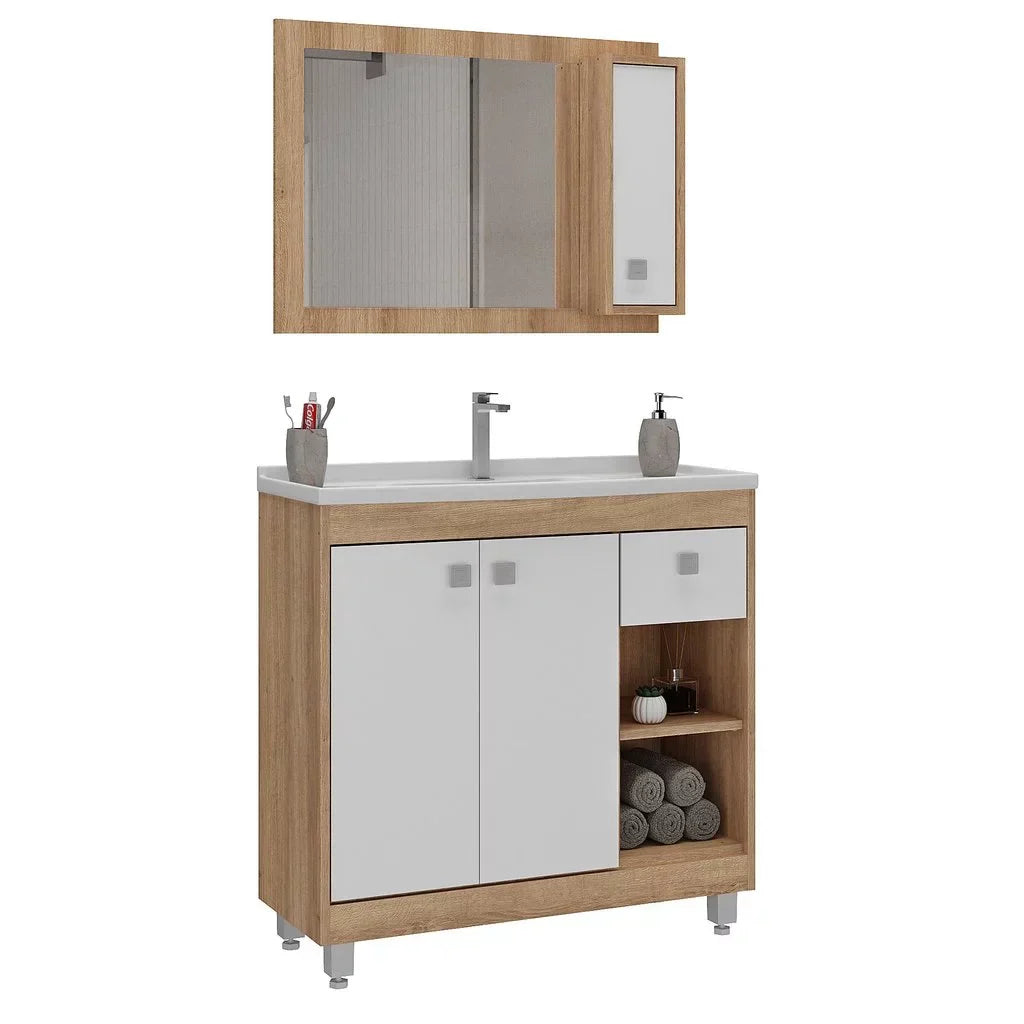Armário Conjunto de Banheiro com Gabinete, Cuba e Espelheira 3 Portas Viena 80 cm